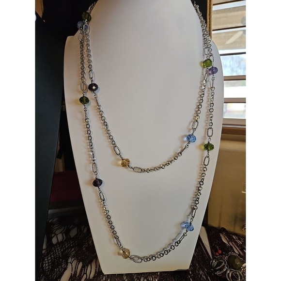 Silvertone Chain Links, Multi-Colored Crystals Opera Lenght Necklace - Picture 2 of 2